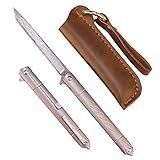 Samior GD035 Small Slim Folding Pocket Flipper Knife, 3.5 inches VG10 Damascus Tanto Blade, Grey Titanium Handle Frame Lock Pocket Clip, Sleek EDC Low Profile Gentleman's Knives