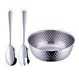 Stainless Steel 80 oz Large Salad Bowl sets with Serving Utensils 12 Inch Salad Spoon and Fork Serving set, Fruit Salad Mixing Bowl Server set of 3, for Hosting Party Kitchen Essentials (Silver)