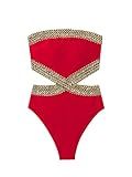 Milumia Women's Stitch Detail Strapless One Piece Swimsuit Cut Out Bandeau Bathing Suit Red Large
