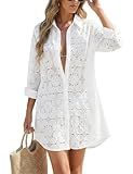 CiCiBird Women Swimsuit Coverup Blouse Lace Eyelet Bathing Suit Cover Up Button Down Shirtdress Long Sleeve Beach Dresses White M