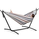 PNAEUT Double Hammocks with Stand for Outside, Portable Space Saving Heavy-Duty Steel Frame for Indoor Outdoor Patio Yard, Easy Assembly, 2 Person 450 lbs Capacity (Coffee)