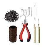 Hair Extensions Tool Kit: 200 Pcs Silicone Lined Micro Links Beads, 1 Three Hole Hair Pliers, 1 Roll Sewing Thread, 1 Loop Needle Threader, 1 Pulling Hook Needle, 8 Sewing Needles (Dark Brown)