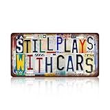 JBYMsign Vintage Wall Decor Still Plays With Cars License Plate Metal Sign Tin Signs Poster For Cat Lover
