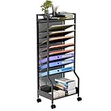 Simple Trending 10 Tier Rolling File Cart, Desk File Organizer with Wheels and Storage Drawers, Legal documents can be stored, Metal Mesh Paper Letter Storage Multi-Functional Clutter Cart, Black