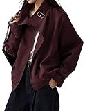 Megfie Jackets for Women Trendy Vintage Trench Coat Turtleneck Crop Jackets with Pockets(0968-DarkRed-S)