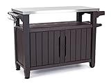 Keter Outdoor Rolling Table Cart for Food Prep, Storage, Bar & Grill, Dark Brown - Portable Kitchen Island Tabletop with Wheels for Drinks, Snacks, and Cooking