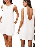 ELLEVEN Linen Mini Backless Dress A Line Cotton Open Back Short Dress for Women Summer Beach Vacation Casual Dresses with Pockets White Small