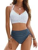 Blooming Jelly Womens High Waisted Bikini Sets Stripe Tummy Control Bathing Suits Ruched 2 Piece Swimsuit (Medium, Blue)