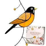 AuroAura American Robin Stained Glass Window Hanging - Handmade Real Glass Robin Bird Suncatcher for Women, Mom, Grandma - Elegant Gifts Box Home Decor (H7.9xW4.1 Inch)