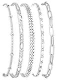 Gokeey Sterling Silver Bracelets for Women Non Tarnish, Stackable Silver Dainty Figaro Paperclip Cuban Link Chain Bracelet Stack Set Pack for Women Trendy Simple Silver Jewelry Gifts