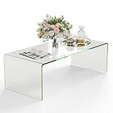 Tangkula Glass Coffee Table, 42.5" L × 20" W ×14" H, Modern Home Furniture, 0.47" Clear Tempered Glass End Table, International Occasion Tea Table, Waterfall Table with Rounded Edges (Clear)