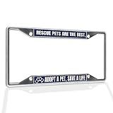 Fastasticdeals Metal Insert License Plate Frame Rescue Pets are The Best, Adopt A Pet, Save Life Dog Cat Weatherproof Car Accessories Chrome 4 Holes Solid Insert