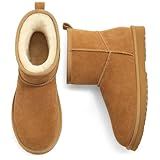 Litfun Genuine Suede Mini Boots for Women Winter Warm Fuzzy Boots Comfort Snow Boots with Fur Lined, Chestnut 39