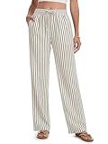 SEVEGO Tall Women 34" Inseam Striped Linen Pants Elastic Waist Wide Leg Casual Summer Beach Trousers Khaki Stripe, M