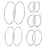 PABBEU 5Pairs Silver Hoop Earrings Large 316L Stainless Steel Earrings Lightweight Silver Earring Hypoallergenic Big Thin Silvers Earring for Womens Boucle Doreille Femme 30/40/50/60/70mm