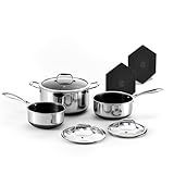 HexClad Hybrid Nonstick 6-Piece Pot Set with 2 Silicone Trivets, 2, 3, and 8-Quart Pots with Tempered Glass Lids, Stay-Cool Handles, Dishwasher-Friendly, Induction Ready, Compatible with All Cooktops