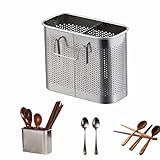 304 Stainless Steel Utensil Drainer, 2-Tier Silverware Drying Rack with Hooks, Anti-Rust Kitchen Sink Organizer & Cutlery Holder for Dishwasher, Countertop Space-Saving Storage, Brushed Finish