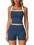 Two Piece Workout Sets For Women Straps Cross Back Tank Top Matching High Waist Booty Lifting Biker Shorts 2 Piece Gym Yoga Active Wear Outfits Womens Athletic Work Out Clothes Colorblock Dark Blue S