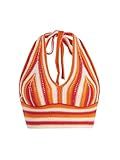 Verdusa Women's Colorblock Striped Crop Halter Top Tie Backless V Neck Going Out Tops Summer Vacation Outfits Orange Red Small