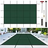 Inground Pool Cover Safety Fits 16x32ft Rectangle Swimming Pool, Mesh Solid Pool Cover for Inground Pools,Winter Pool Safety Cover Includes Safety Net and Installation Tools Green