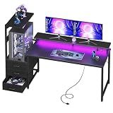 AODK 59 Inch Gaming Desk with LED Light- Reversible Computer Desk with Storage Shelves & Monitor Stand, Fabric Drawers Fits Compact PC Towers, Black