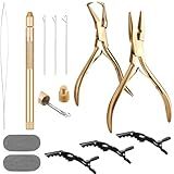 Hair Extension Tools Kit, Stainless Steel Hair Extensions Micro Bead Closer pliers and hair extension beads remover plier set, 4 Hook Needle Pulling Loop Tool Set (Gold)