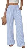 Sampeel Striped Wide Leg Linen Pants Woman Palazzo Trousers for Women 2026 Flowy Summer Beach Vacation Outfits Spring Cruise Travel Fashion Clothing Dressy Casual Lounge Resort Wear Blue M