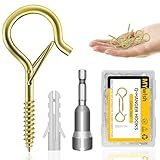 MYWISH 50-Pack Q Hanger Hooks with Safety Buckle, 2.2 Inches Windproof Q-Hanger Screw Hooks for Hanging String Lights, Gold Outdoor Wall Wood Ceiling Deck Mount, with 1 Wing Nut Driver