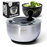 Nestware Kitchen Stainless Steel Salad Spinner, Lettuce, Vegetable & Fruit Dryer, 5L Capacity, Non-Slip Base (304 Stainless Steel - Black)