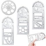 Bntyok Multifunctional Geometric Ruler 4 Pieces Geometric Ruler Drawing Ruler Template Ruler Measuring Ruler Geometric Drafting Tool for Student Architecture School and Office