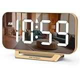 Peakeep Slim Digital Mirror Aesthetic Alarm Clock for Bedrooms Desk Decor - Plug in Electric Big LED Modern Small Clock for Office Living Room, Battery Backup, 6 Dimmers (Gold)
