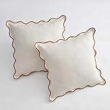 Zkanac Scalloped Throw Pillow Covers 20x20 Inch Set of 2, Cotton & Linen, Boho Sytle Decorative Couch Bed for Living Room (Beige Pillow & Brown Edge)