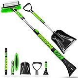 SEAAES 4 in 1 Snow Brush with Squeegee and Snow Shovel for Car, Extendable Emergency Snow Shovel with Foam Grip, Portable Ice Scraper for SUV Truck Vehicle Jeep RV Auto Window Windshield - Green