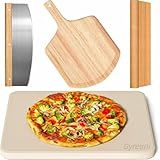 4 PCS Rectangle Pizza Stone Set, 15" Large Pizza Stone for Oven and Grill with Pizza Peel(OAK), Pizza Cutter & 10pcs Cooking Paper for Free, Baking Stone for Pizza, Bread,BBQ