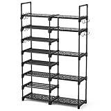 ROJASOP Shoe Rack Organizer, 8-Tier Metal Shoe Rack for Closet Entryway Garage, 26-32 Pairs Tall Shoe Boot Storage Shelf with 15 Hooks, Stackable Large Shoe Stand