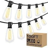 Brightever LED Outdoor String Lights 100FT Patio Lights with 52 Shatterproof ST38 Vintage Edison Bulbs, Outside Hanging Light Waterproof for Porch, Deck, Garden, Backyard, Balcony, 2700K Dimmable