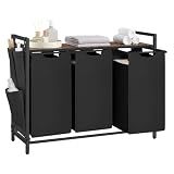 VASAGLE Laundry Hamper with Shelf, 3 Pull-Out Bags, 3 x 10.6 Gallons (40 L) | Laundry Basket, Laundry Sorter 3 Section, Metal Frame, Ink Black and Rustic Brown, BRENTA Collection UBLH301B01