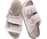 KuaiLu Women's Fluff Slippers White Size 8, Plantar Fasciitis Arch Support Platform Slippers Ladies Fashion Open Toe Faux Fur Sliders House Slipper