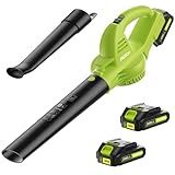 Leaf Blower Cordless with 2 Battery and Charger, 130MPH 180CFM High Speed Leaf Blower with 2 Tubes, 20V Electric Leaf Cleaner, Lightweight Handheld Small Blower for Patio, Garden, House, Depot, Green