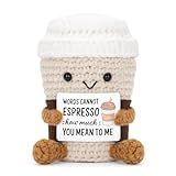 A AIFAMY Funny Positive Coffee, Emotional Crochet Doll, Cute Crochet Potato Partner Toy with Positive Card Cheer Up Funny Gag Gifts for Best Friend Birthday Women Teacher Fall（Coffee