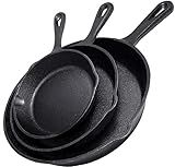 Simple Chef Cast Iron Skillet 3-Piece Set w/Cookbook - Heavy-Duty Professional Restaurant Chef Quality Pre-Seasoned Pan Cookware - 10", 8", 6" Pans - For Frying, Saute, Cooking, Pizza - Black