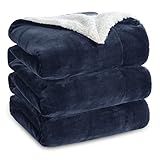 Bedsure GentleSoft Sherpa Fleece Blankets Queen Size for Bed - Thick and Warm, Soft Fuzzy Plush Queen Blanket for Winter, Navy, 90x90 Inches