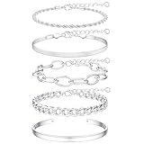 TEN MIRO Chunky Silver Bracelets for Women Non Tarnish, Womens Silver Bracelet Stack Layered Chunky Chain Bracelets Waterproof Bangle Cuff Herringbone Bracelet Mothers' Day Jewelry Gifts