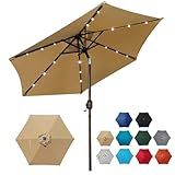 Blissun 7.5 ft Solar Umbrella 18 LED Lighted Patio Umbrella Table Market Umbrella with Tilt and Crank Outdoor Umbrella for Garden, Deck, Backyard, Pool and Beach (Tan)