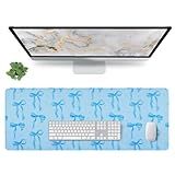 Large Mouse Pad, Blue Bows Desk Mat with Light Blue Background, Kawaii Computer Mat Keyboard Mat Cute Blue Desk Accessories, Non-Slip Rubber Base Laptop Pad Girls Office Desktop Decor 31.5 x 11.8in