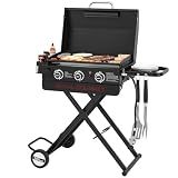 Royal Gourmet PD3001 3-Burner Propane Gas Griddle with Collapsible Stand | 23-Inch Portable Griddle with Side Table | 25,500 BTU Output, 314 Sq.In. Cooking Area | for Camping Tailgating Backyard Patio