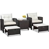Shintenchi 5 Pieces Patio Furniture Set, Outdoor Wicker Patio Conversation Set with Ottoman, All Weather Rattan Outside Chairs with Coffee Table & Cushion for Porch, Garden, Backyard, Beige