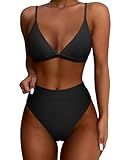 SUUKSESS Women Sexy High Waisted Two Piece Bikini Sets Triangle High Cut Swimsuit Push Up Bathing Suit (Black, M)