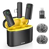 Wireless Mini Microphone for iPhone - 2 Pack Lavalier bluetooth Microphone for Video Recording, 2 In 1 Noise Reduction Lapel Mic for Android, Clip on Mini Mic for Content Creators (with Charging Case)
