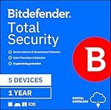 Bitdefender Total Security - 5 Devices | 1 year Subscription | PC/Mac | Activation Code by email